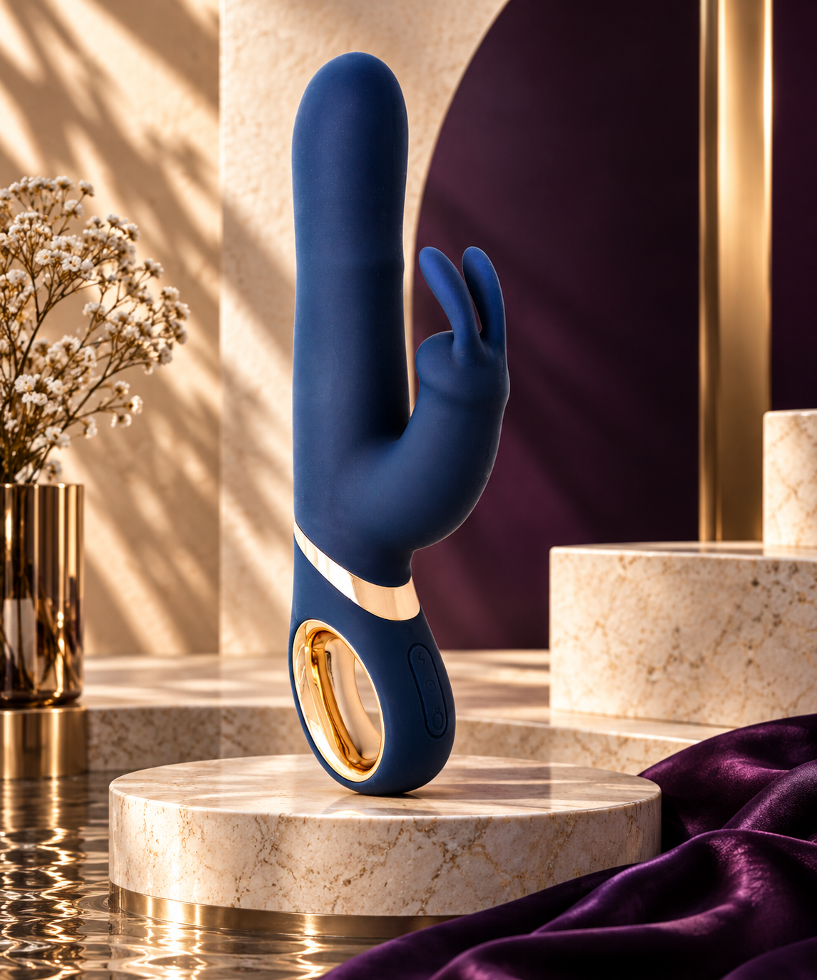 LUXXXE Pissa dual-stimulation vibrator displayed in a luxury setting