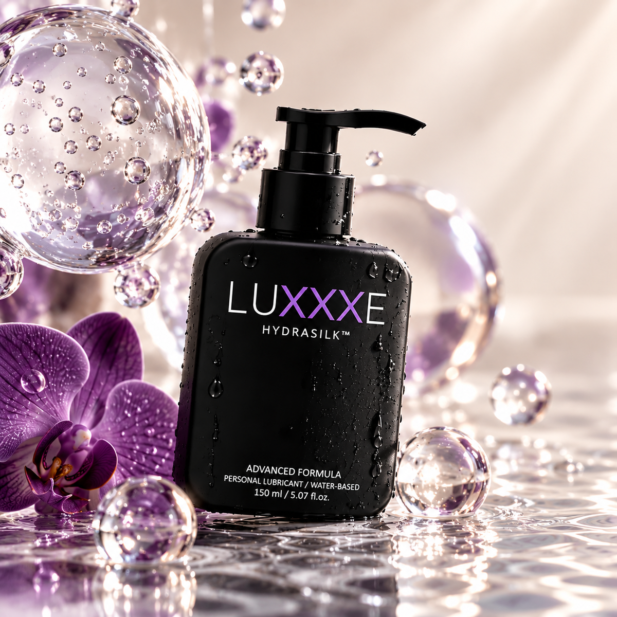 LUXXXE Hydrasilk hyaluronic acid lubricant highlighting its premium formula