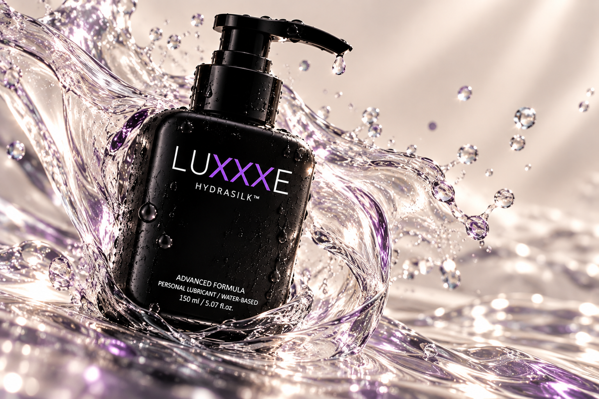 LUXXXE Hydrasilk hyaluronic acid lubricant in a luxury wellness setting