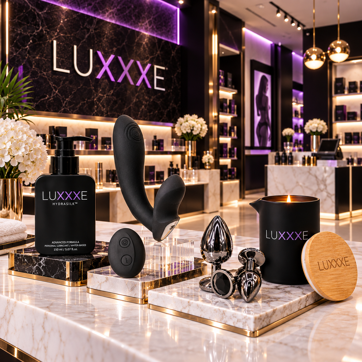 LUXXXE sexual wellness products displayed in a luxury retail store