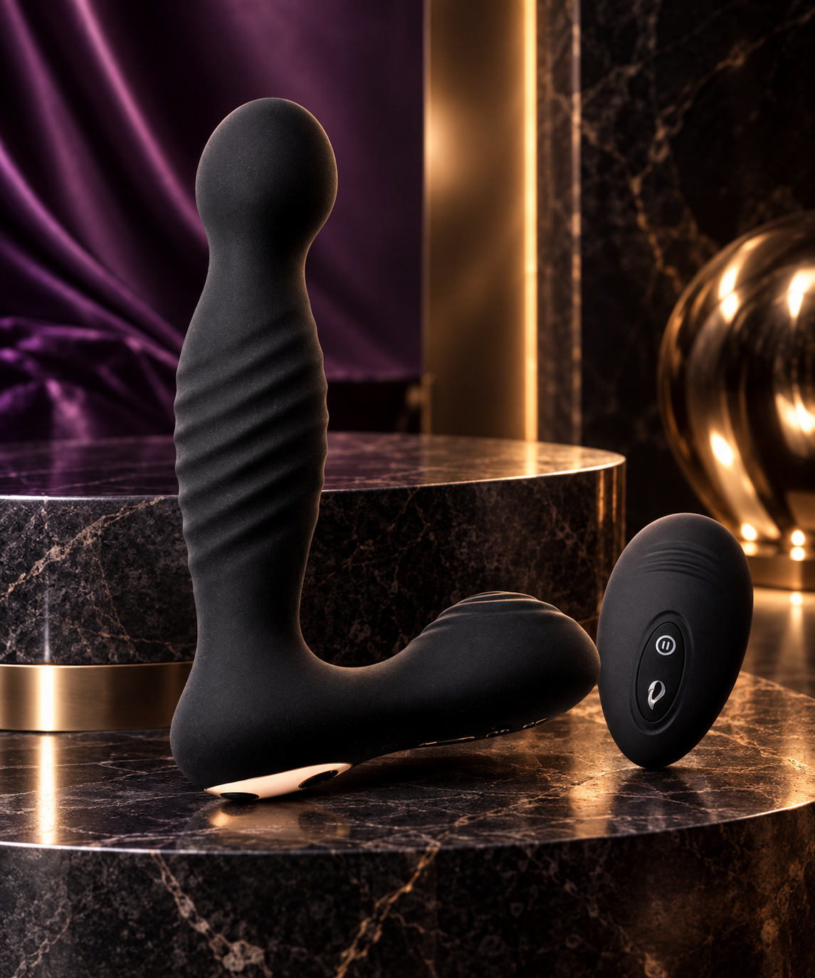 LUXXXE Jaxon heated rotating prostate massager displayed in a luxury setting