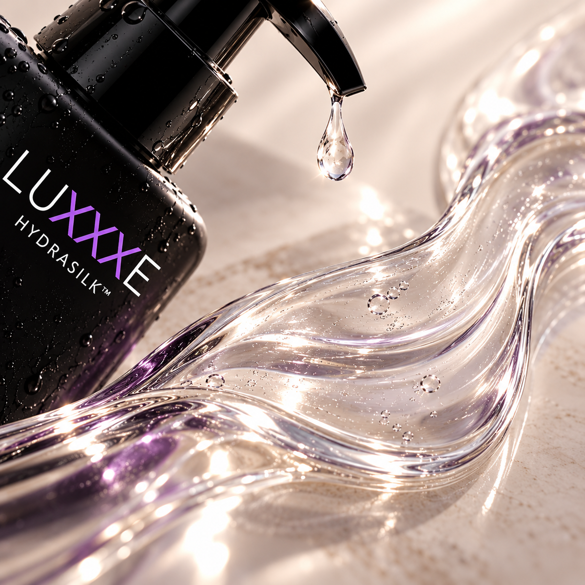 LUXXXE Hydrasilk hyaluronic acid water-based lubricant showcasing its silky texture