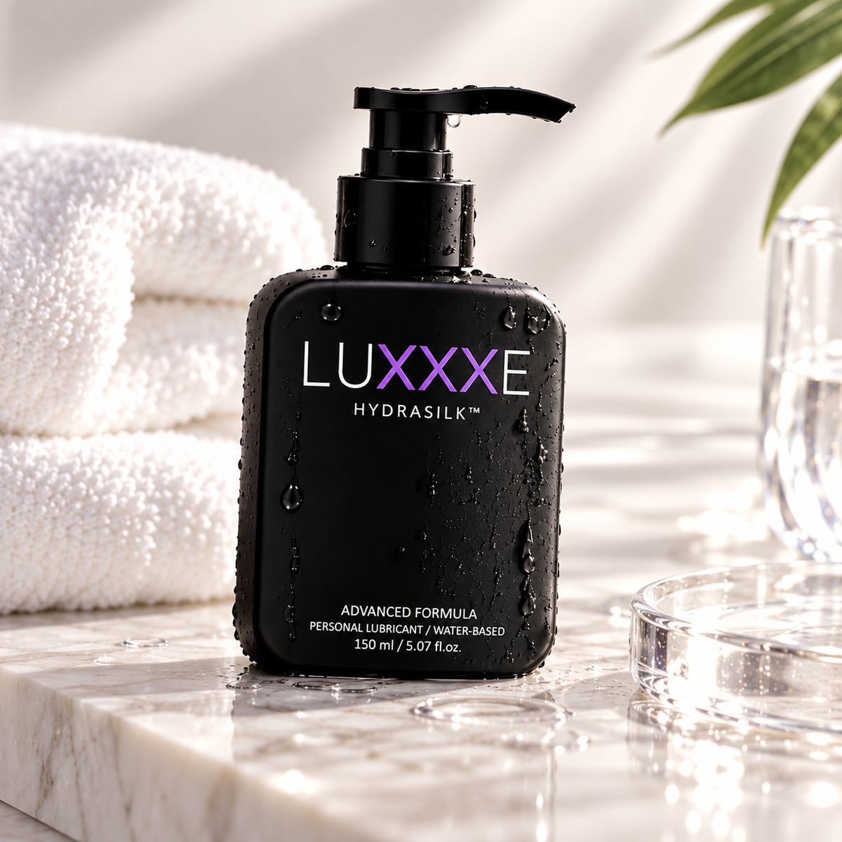 LUXXXE Hydrasilk water-based lubricant displayed in an elegant wellness setting
