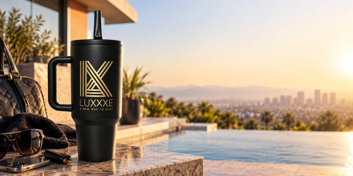 LUXXXE Vertex 40 oz tumbler in a luxury outdoor lifestyle setting