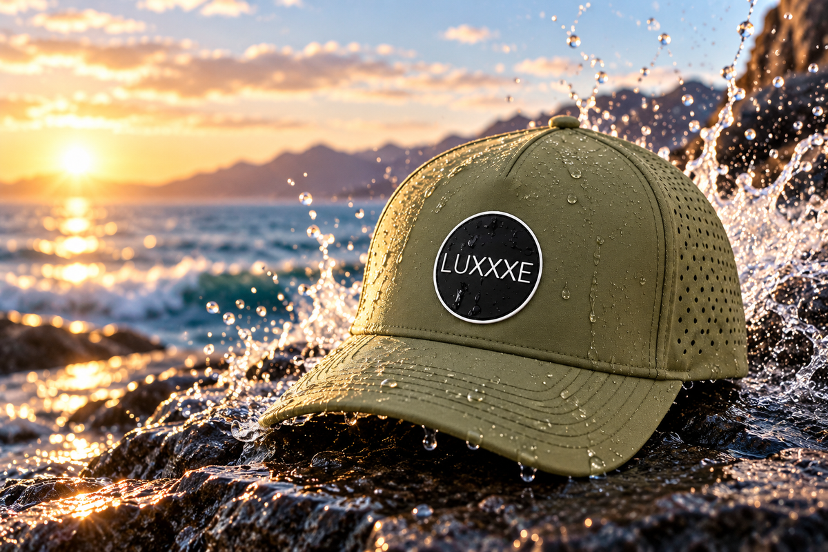 LUXXXE Wave waterproof hat highlighting durable performance and all-weather design